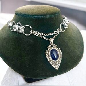 925 Sterling Silver Blue Goldstone Pendant Necklace handmade